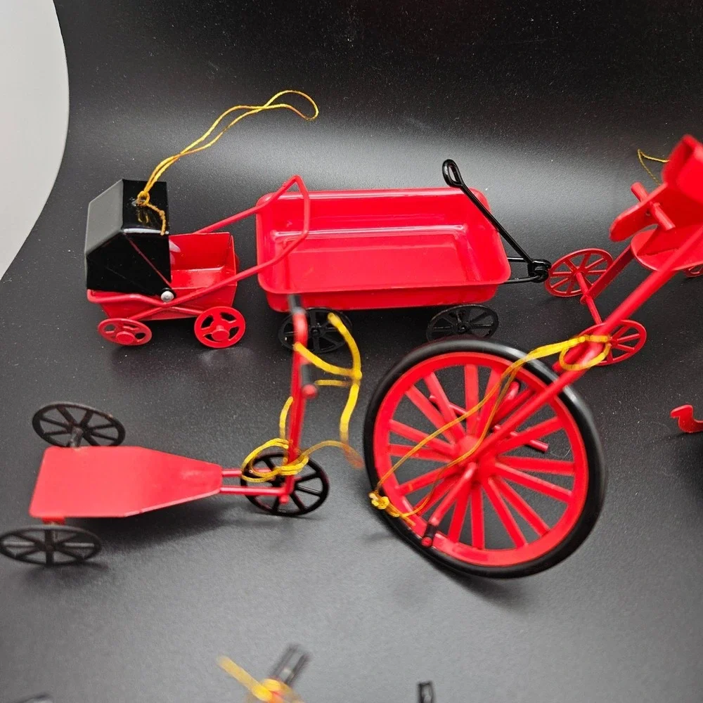 Vintage Red Metal Miniature Vehicles & Sled Christmas Ornaments Lot of 11 Taiwan